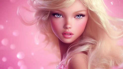 Glamorous blonde doll portrait glows in dreamy pink light