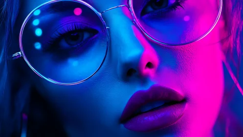 Neon lit gaze glowing through round glasses at midnight.