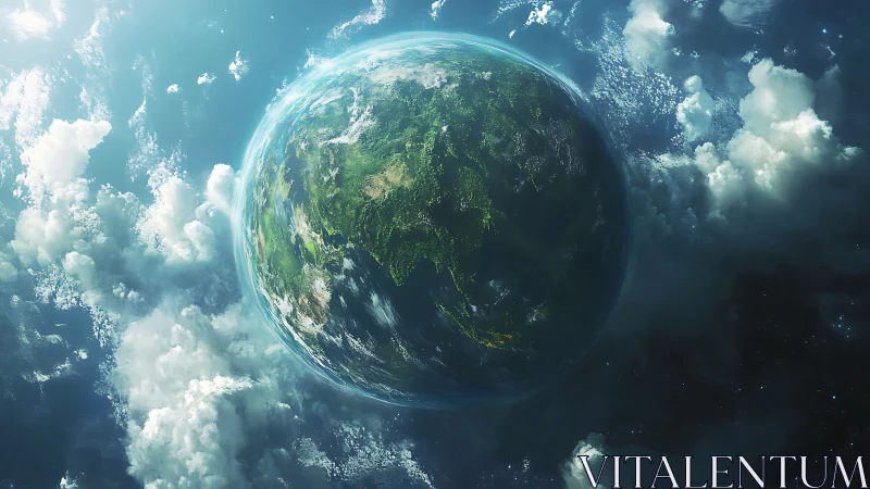 Softly lit planet Earth cradled in drifting cosmic clouds.