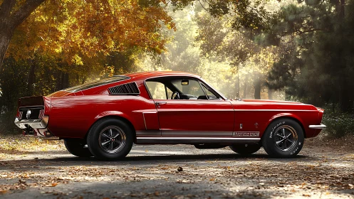 Red classic fastback muscle car parked on forest road