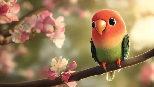 Cute Cartoon Lovebird on Blossom Branch, Soft Pastel Illustration.