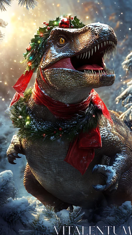 Festive tyrannosaurus roaring in snowy Christmas forest.