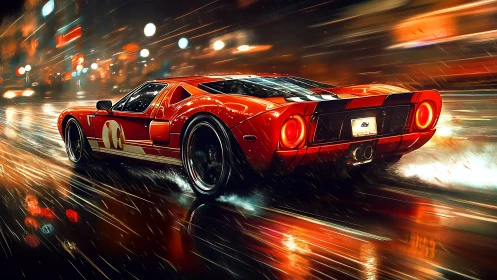 Red sports car on wet neon city street at speed.