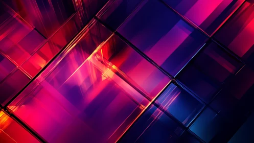 Neon prism corridors ignite a shifting abstract glass grid.