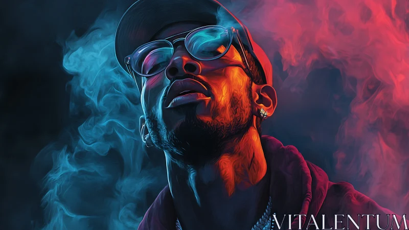 Neon-lit portrait of man in smoke with vivid color contrast.