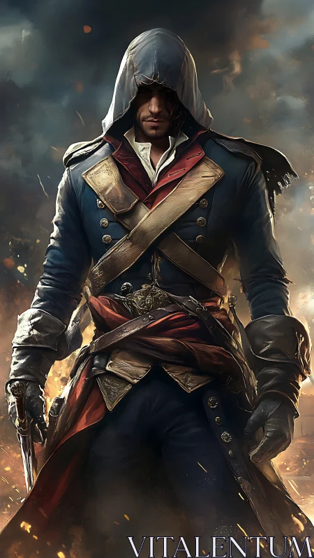 Hooded rogue in militaristic coat within burning fog field.