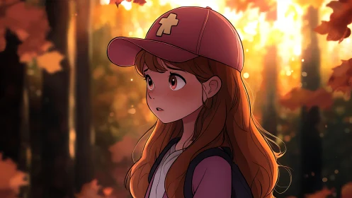 Autumn forest anime girl in pink cap under warm backlight glow.