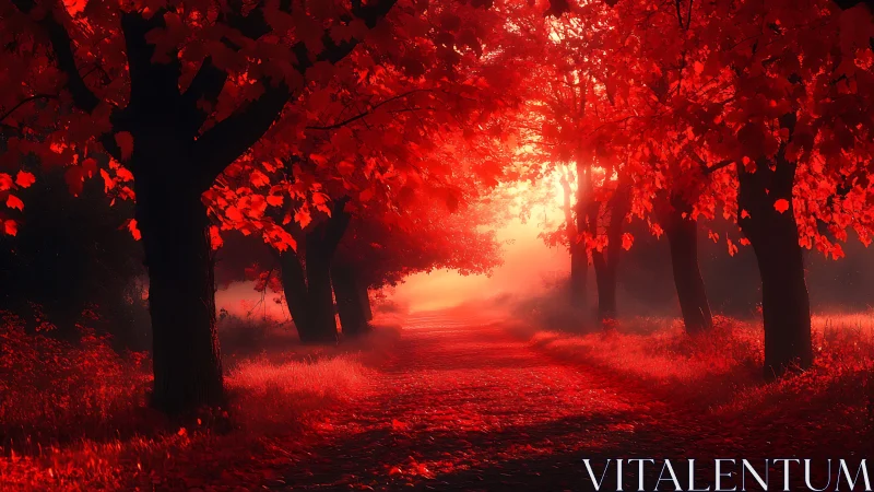 Crimson forest corridor pours light into a burning dawn