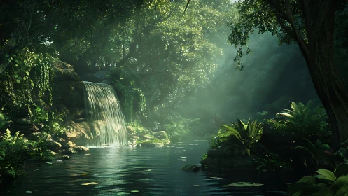 Emerald hush of a hidden jungle waterfall sanctuary scene.