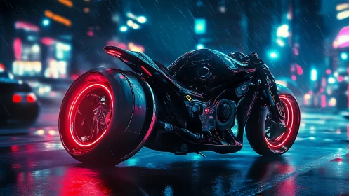 Neon storm rider motorcycle ignites a rain-soaked cyber city.