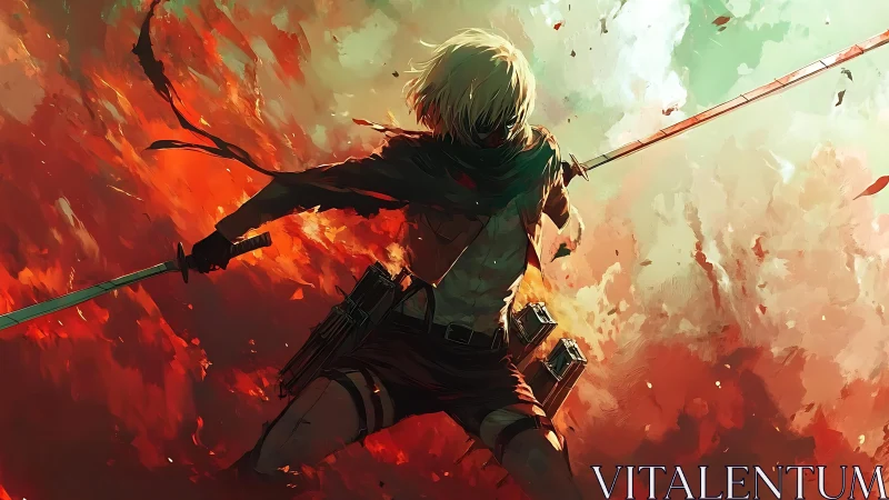 Aerodynamic dual-blade warrior amid turbulent chromatic vortex.