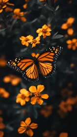 Monarch butterfly hovers over vivid orange wildflowers.