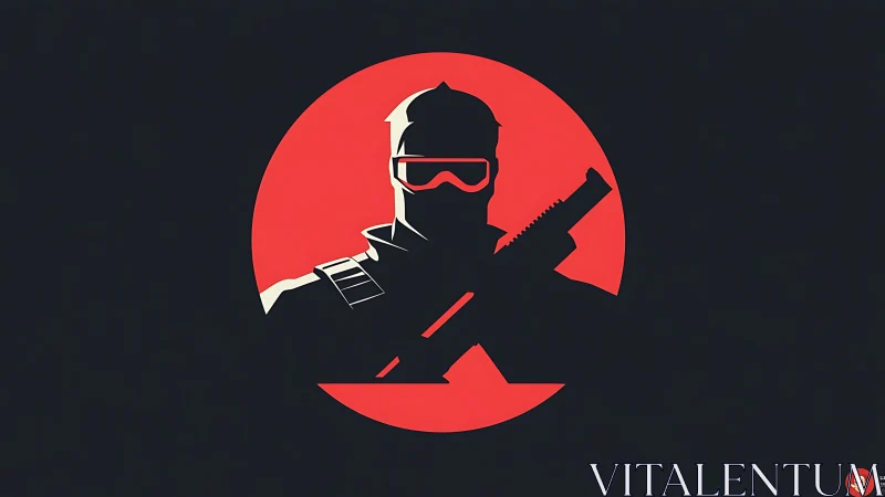 Silhouetted armed figure on red circle with crossed blades.