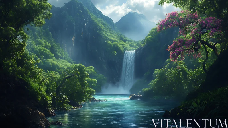 Lush tropical waterfall valley with misted turquoise pool.