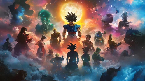 Cosmic anime heroes gathered beneath a glowing celestial sun.