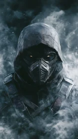 Hooded armored figure in mask surrounded by drifting smoke.