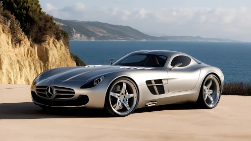 Silver Mercedes supercar glows beside rugged coastal cliffs.