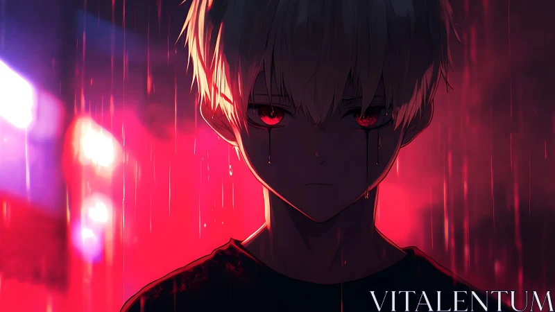 Boy with bleeding eyes stands in red rain at night