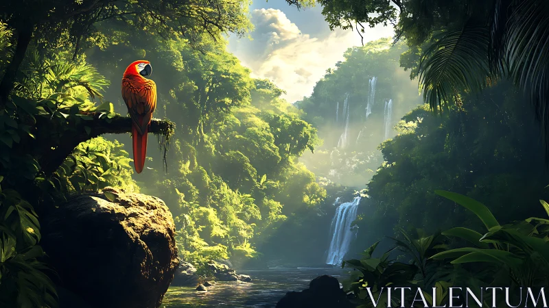 Scarlet jungle sentinel watching sunlit waterfall hush.