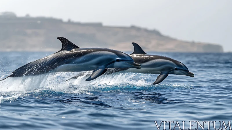 Two striped dolphins leap through sunlit Mediterranean waves