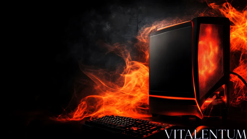 Gaming desktop tower glows red with stylized flame effects