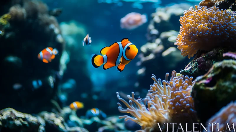 Bright clownfish gliding through a cozy coral reef home.