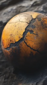 Cracked ochre sphere with high-frequency surface erosion and burn patina