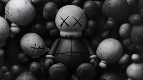 Monochrome vinyl-style skull toys in dense clustered array