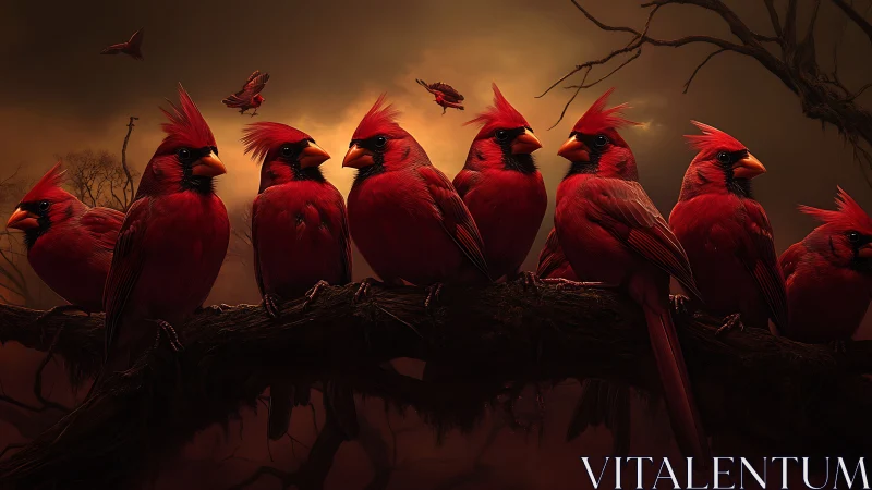 Vivid Red Cardinals Perched on Branch at Dusk in Dramatic Style.