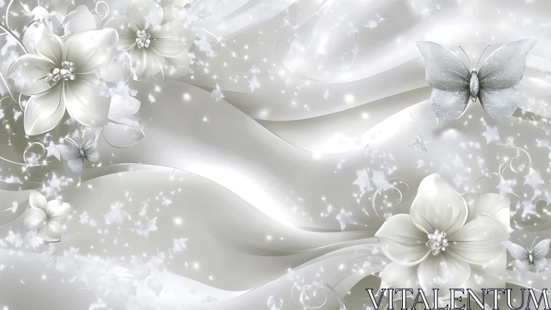 Pearlescent blossoms and butterflies drift through silver light.