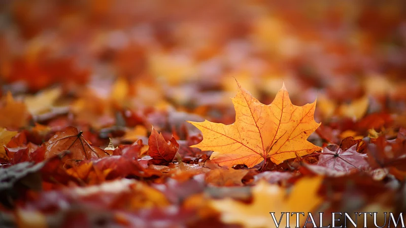 Golden maple leaf rests amid soft blurred autumn ground.