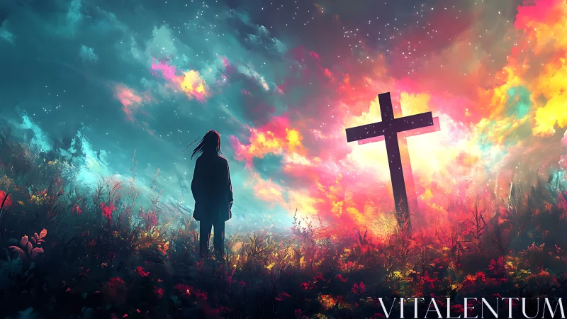 Starlit wanderer meets radiant cross in blooming nebula dusk