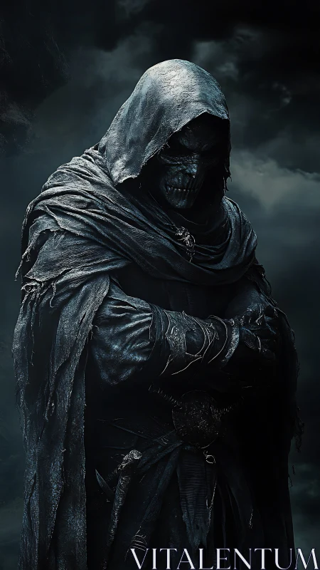 Hooded skeletal wraith in tattered cloak against dark sky.