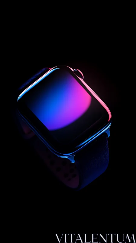 Smartwatch close-up under neon gradient lighting glow.