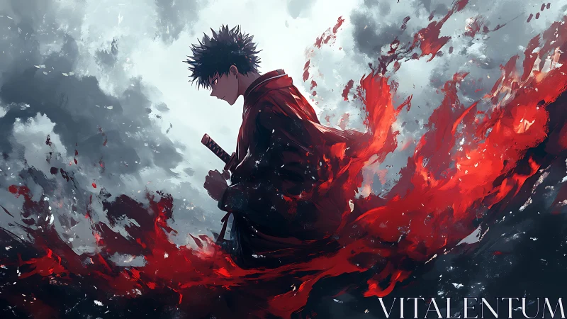 Lone young warrior wrapped in swirling crimson energy.