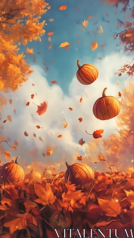 Autumnal pumpkin field in dynamic vertical leaf vortex composition.