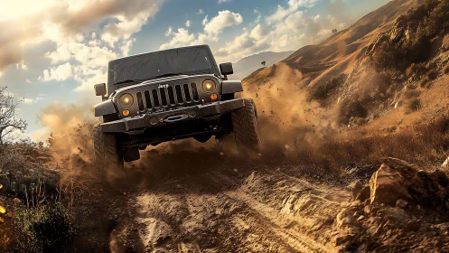 Dust-slinging off-road beast charging through golden canyons.