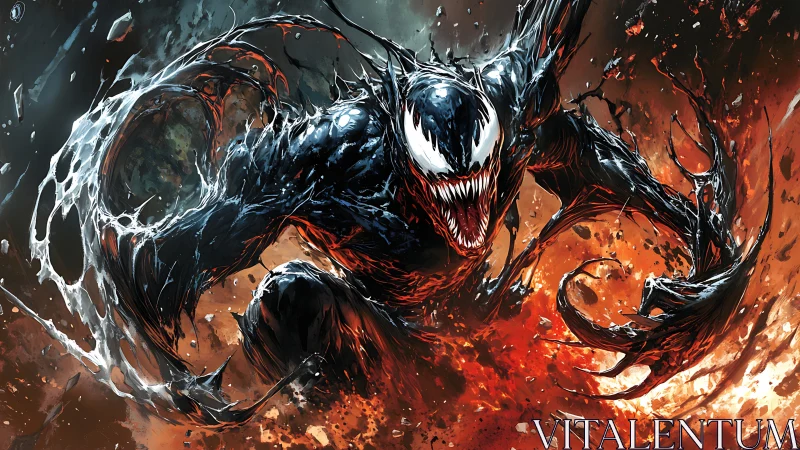 Symbiotic creature lunges through molten debris in dynamic comic art