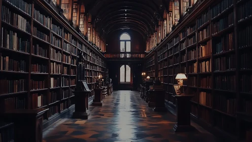 Vaulted historic library corridor under warm lamplight.