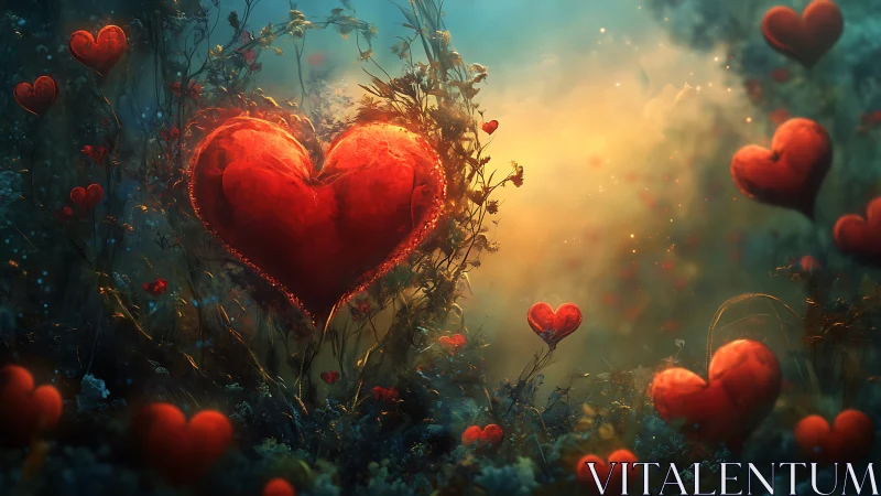 Luminous Heart Garden Fantasy Landscape Glowing Red