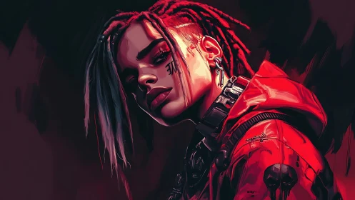 Cyberpunk rebel portrait with red dreads and hooded jacket.
