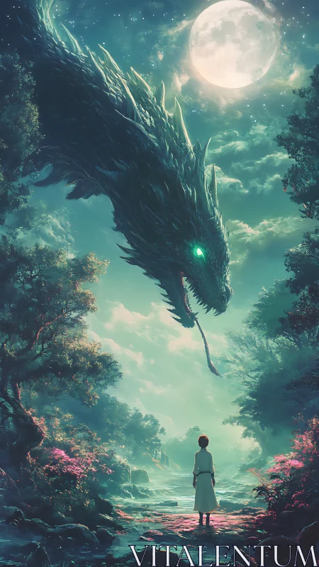 Moonlit forest dragon confronts lone figure in misted ravine
