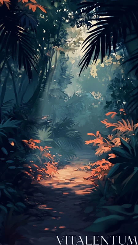 Dense tropical forest passage with layered vegetation under diffused skylight.
