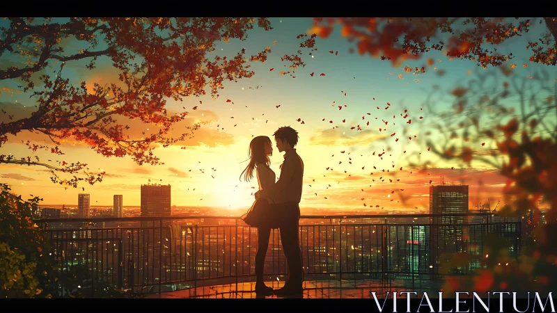 Sunset Romance: Couple Embracing Over Autumn Cityscape.