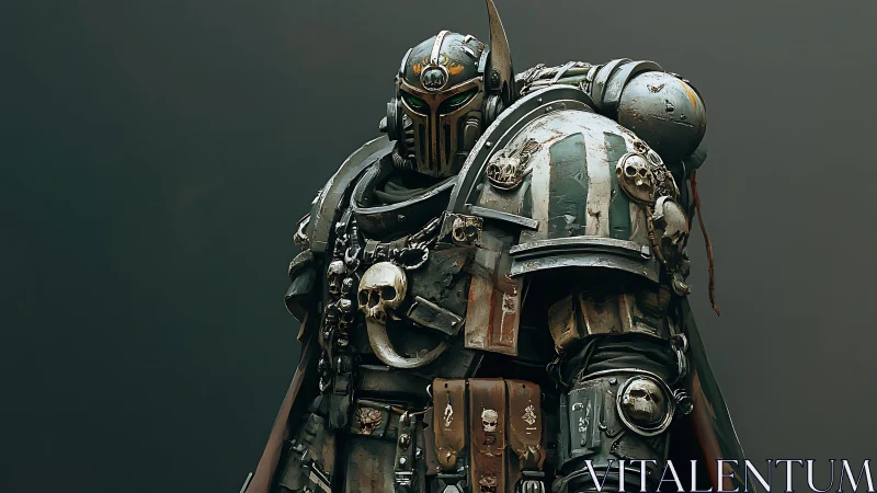 Weathered space knight in skull-marked armor stands watch.