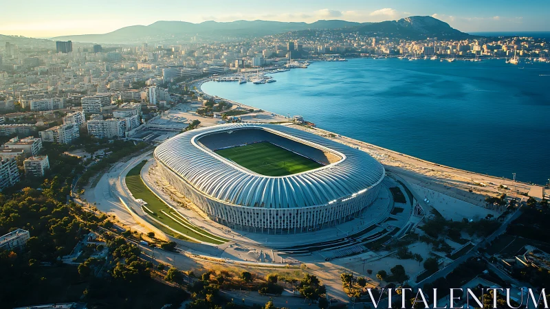 Modern coastal stadium encircles lush pitch at sunset.
