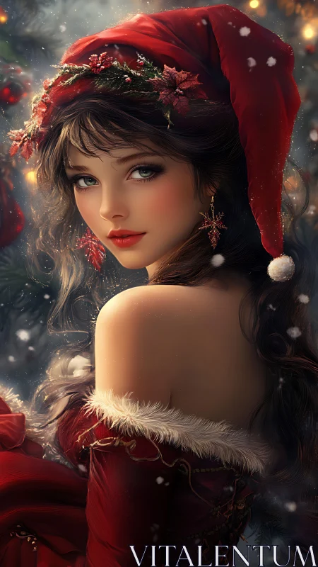 Holiday portrait of festive woman in red velvet Santa attire