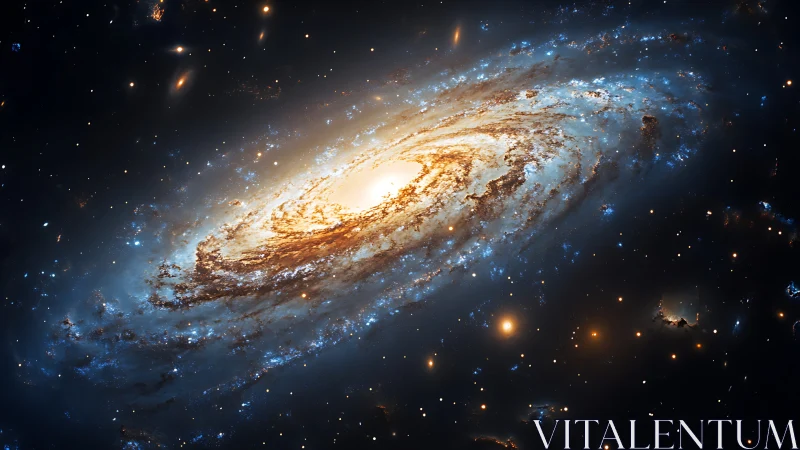 Golden spiral galaxy swirling through a starry quiet cosmos.