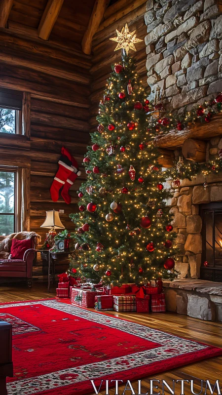 Christmas tree illuminates rustic log cabin hearth interior
