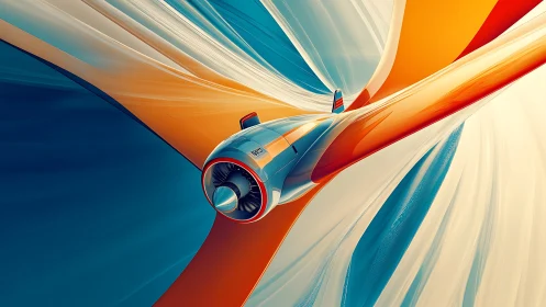 Sleek turbine aircraft cuts through abstract color currents